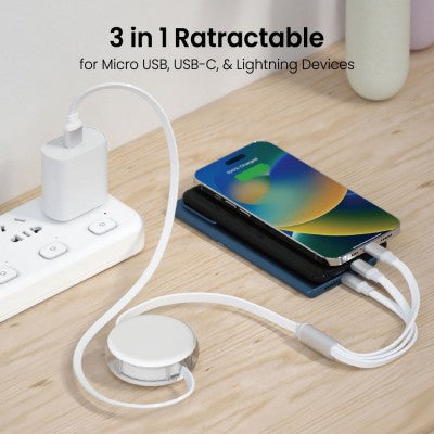iQuick 3 in 1 Retractable Fast Charge & Data Sync Cable IQTC2301 1.2m-White