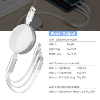 iQuick 3 in 1 Retractable Fast Charge & Data Sync Cable IQTC2301 1.2m-White