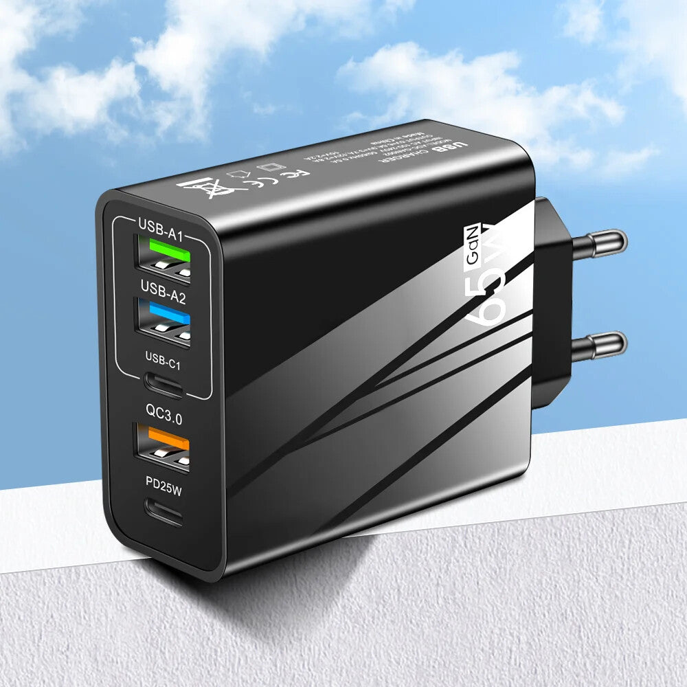 5 Port 65W GaN Charger USB-C PD Type C UK Plug Fast Wall Charger Power Adapter