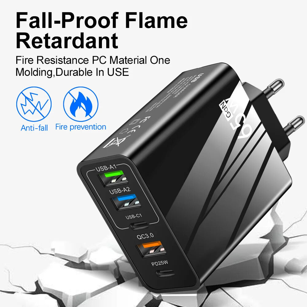 5 Port 65W GaN Charger USB-C PD Type C UK Plug Fast Wall Charger Power Adapter