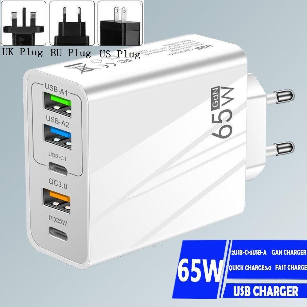 5 Port 65W GaN Charger USB-C PD Type C UK Plug Fast Wall Charger Power Adapter